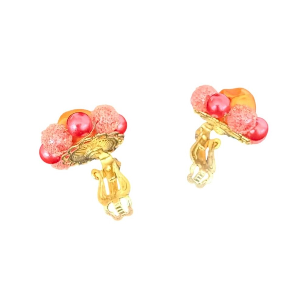 VTG JAPAN Necklace Earrings Set 4-Strand Pink Orange Sugar Bead Clip-On - Picture 7 of 10